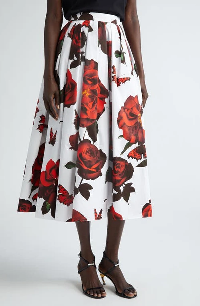 Alexander McQueen Tudor Rose Pleated Cotton Midi Skirt in Opticalwhite at Nordstrom, Size 12 Us