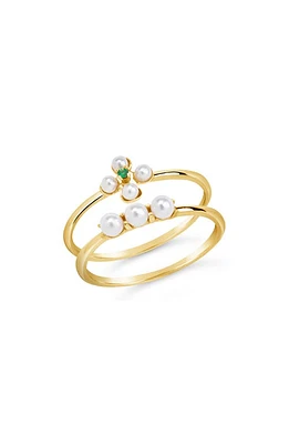 Sterling Forever Cara Set of 2 Imitation Pearl & Cubic Zirconia Stackable Rings in Gold at Nordstrom, Size 7