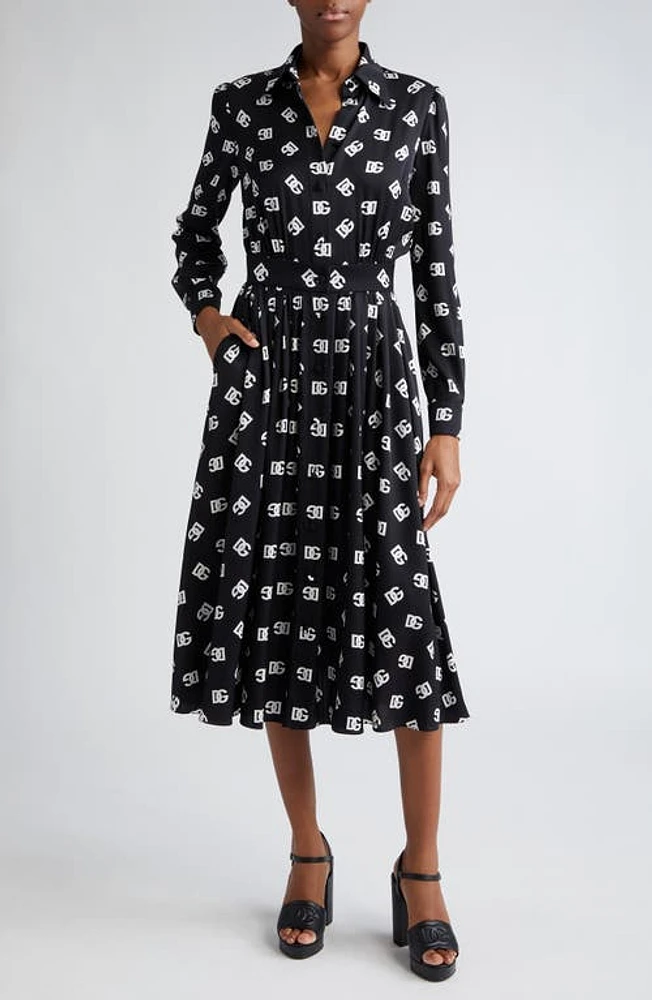 Dolce & Gabbana Pleated Monogram Logo Long Sleeve Stretch Silk Charmeuse Midi Dress Black at Nordstrom, Us