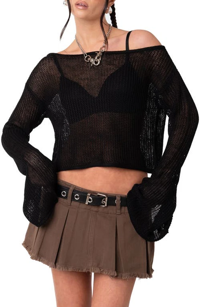 EDIKTED Emmie Off the Shoulder Sheer Sweater Black at Nordstrom,