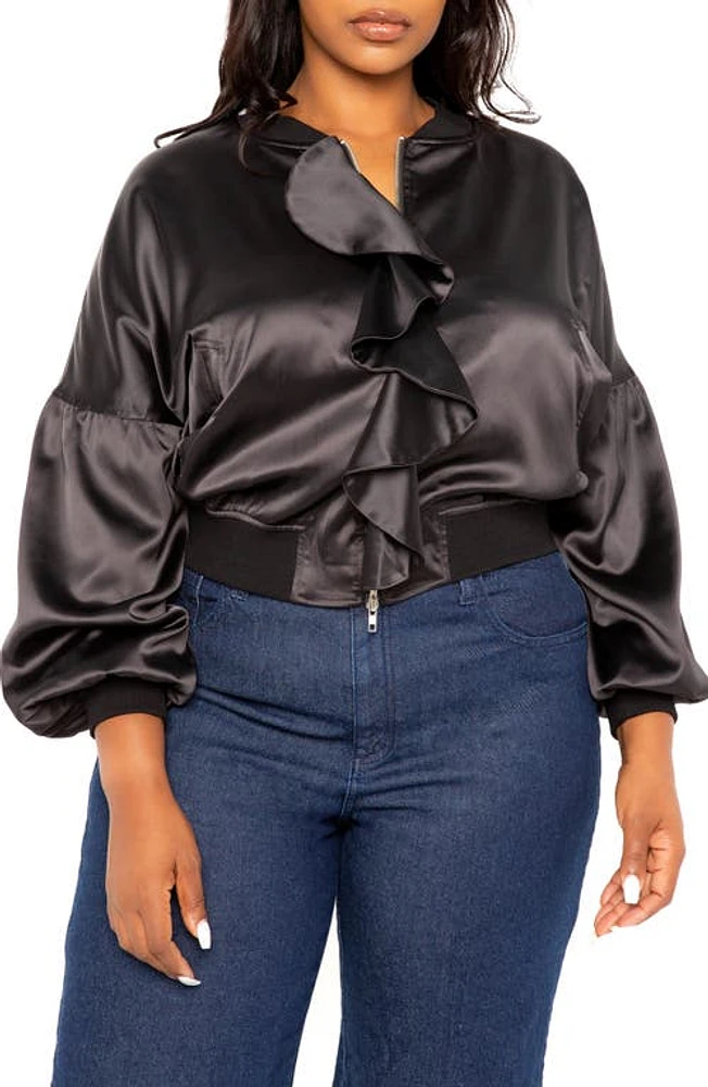 BUXOM COUTURE Ruffle Trim Satin Bomber Jacket Black at Nordstrom, X