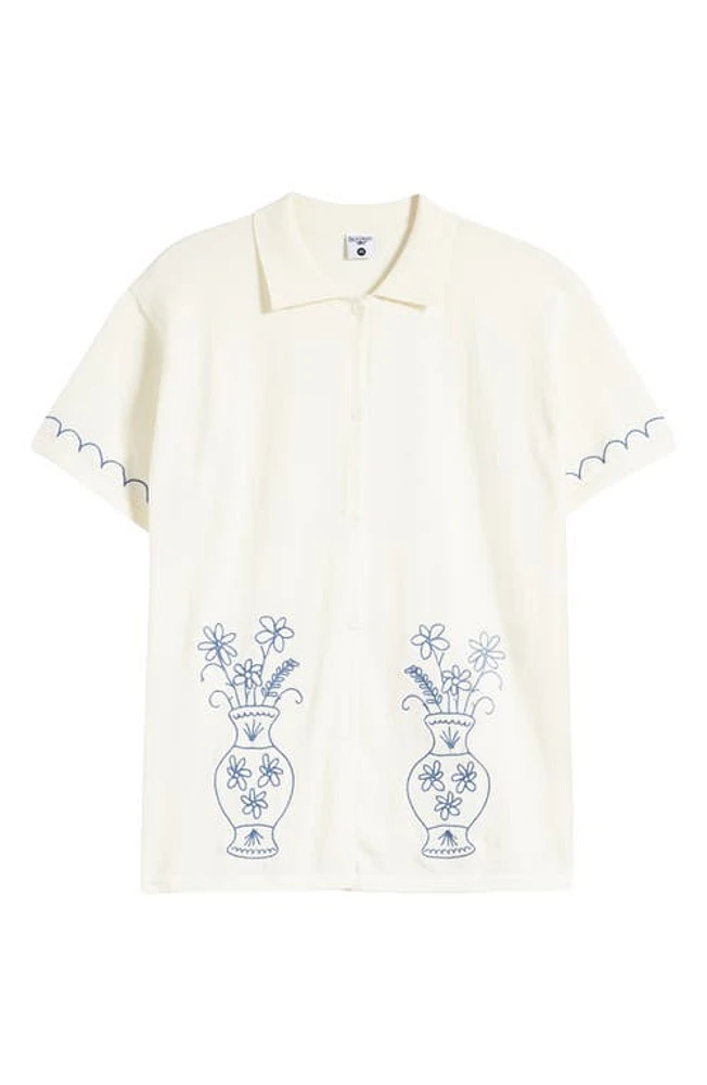 Service Works Embroidered Vase Knit Short Sleeve Button-Up Shirt Off White at Nordstrom,