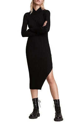 AllSaints Vivi Long Sleeve Wool Midi Dress in Black at Nordstrom, Size X-Small