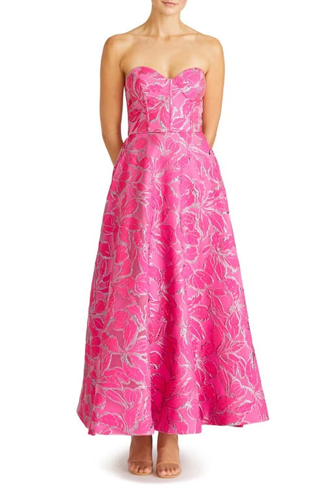 ML Monique Lhuillier Amelia Strapless Metallic Brocade Gown Azalea Pink at Nordstrom,