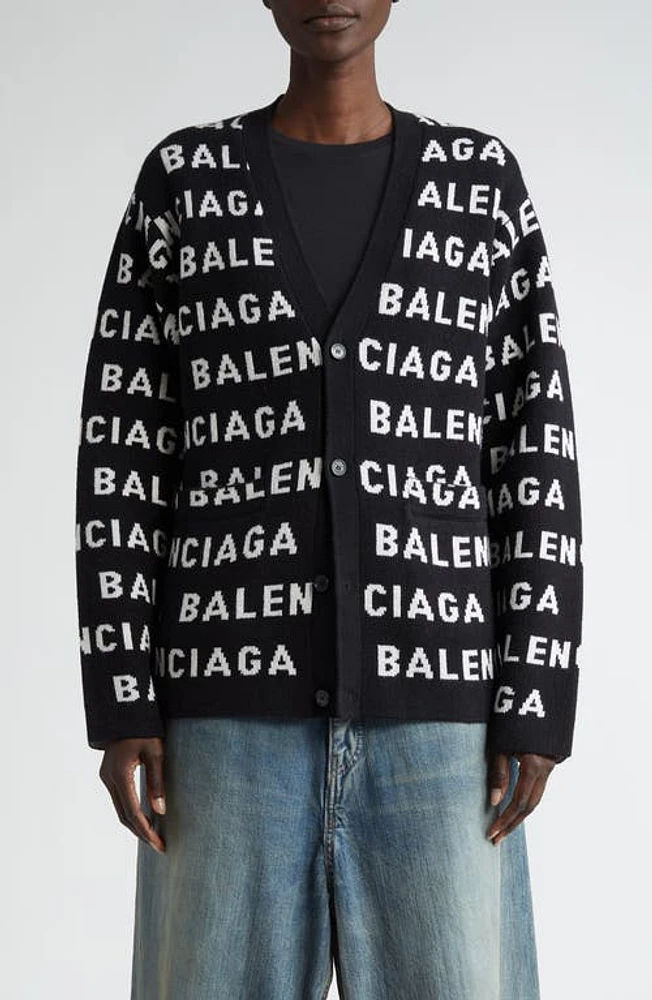 Balenciaga Logo Jacquard Wool Blend V-Neck Cardigan Black/White at Nordstrom,