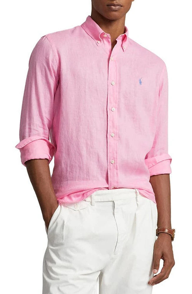 Polo Ralph Lauren Piece Dyed Linen Button-Down Shirt Harbor Pink at Nordstrom,