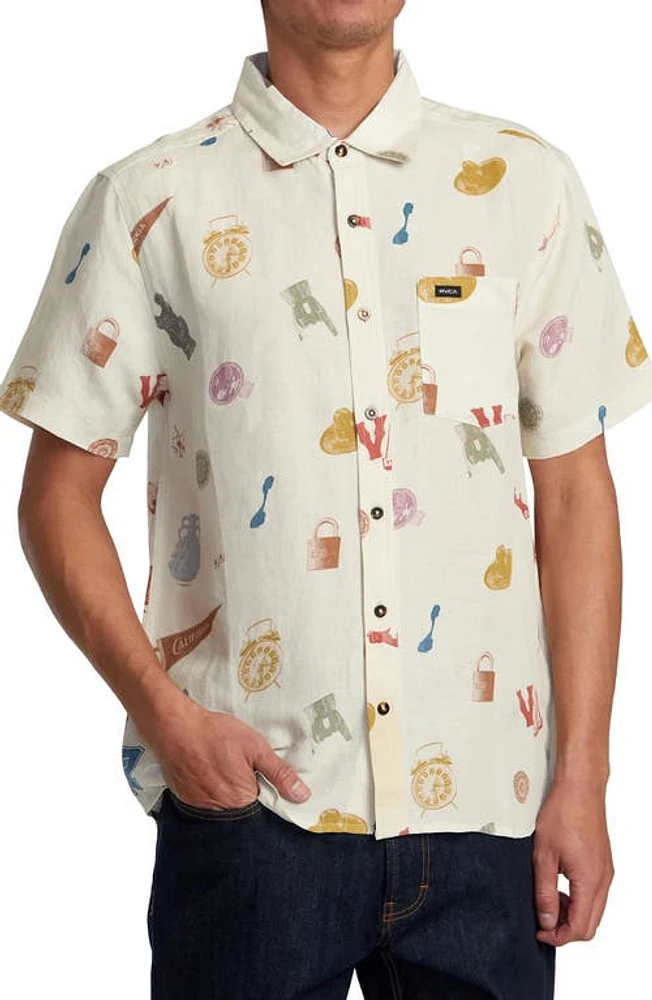 RVCA Artifacts Short Sleeve Linen Blend Button-Up Shirt Natural at Nordstrom,