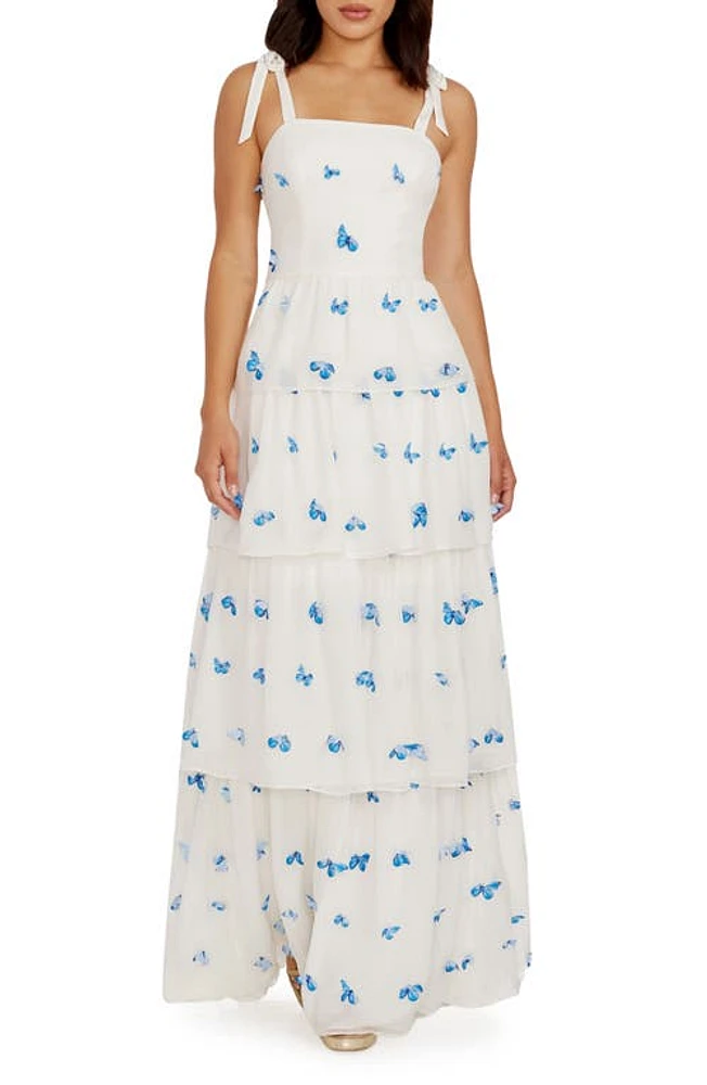 Dress the Population Monica Butterfly Appliqué Tiered Silk Gown White-Blue at Nordstrom,