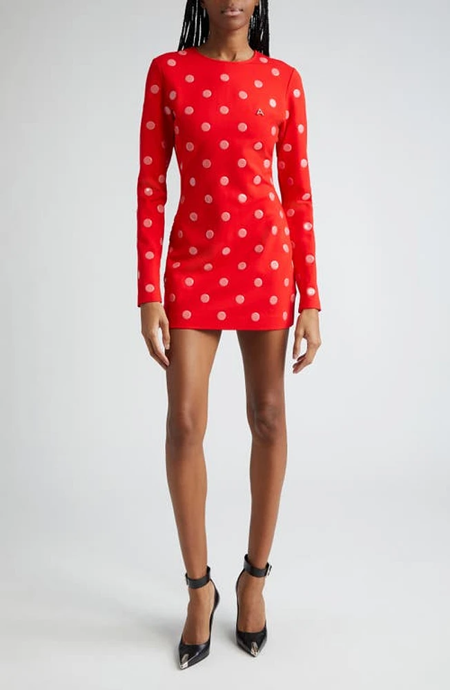 Area Polka Dot Long Sleeve Ponte Jersey Minidress in Scarlet at Nordstrom, Size Large