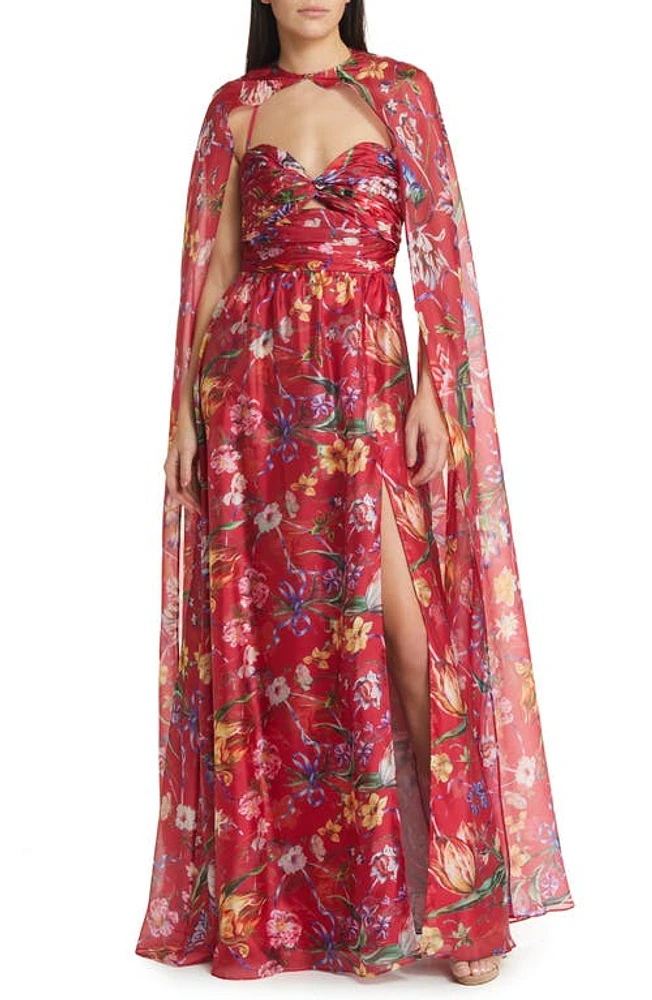 Marchesa Notte Floral Print Cape Gown Fuchsia at Nordstrom,