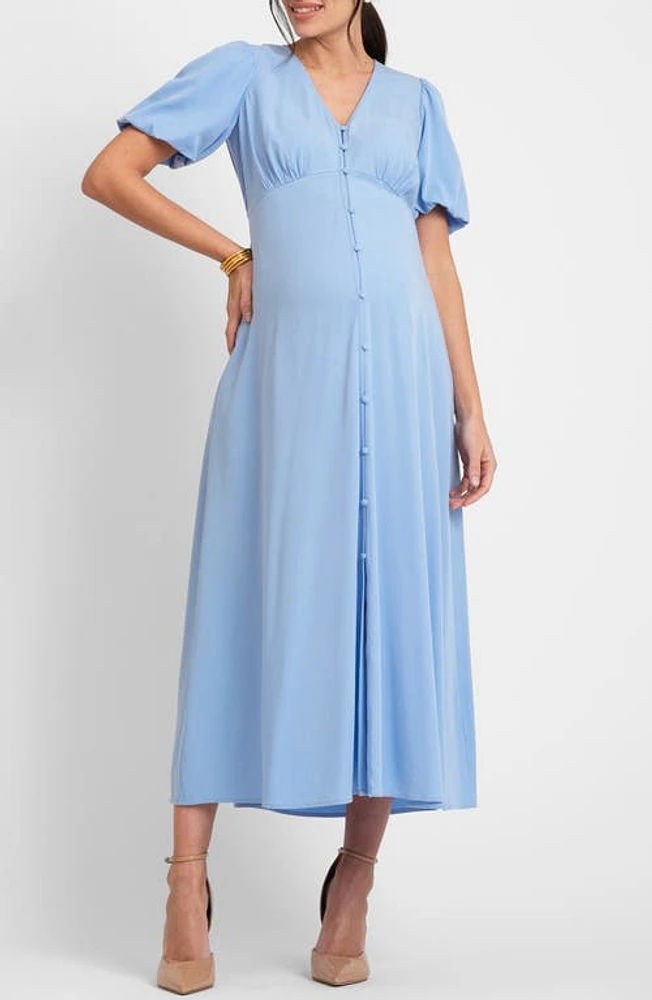 Seraphine Puff Sleeve Button-Up Maternity Midi Dress Blue at Nordstrom,