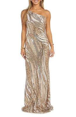 Morgan & Co. Sequin One-Shoulder Gown Gold Silver at Nordstrom,