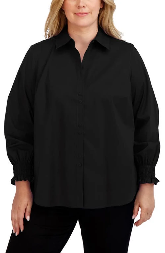 Foxcroft Olivia Smocked Cuff Cotton Blend Button-Up Shirt at Nordstrom,