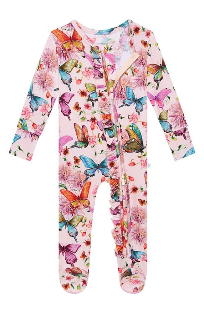 Posh Peanut Watercolor Butterfly Ruffle Fitted Footie Pajamas Open Pink at Nordstrom,