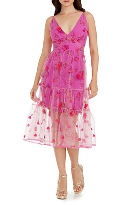 Dress the Population Paulette Floral Fit & Flare Midi Dress in Fuchsia Multi at Nordstrom, Size Medium