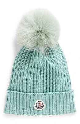 Moncler Kids' Ribbed Wool Beanie with Faux Fur Pompom at Nordstrom