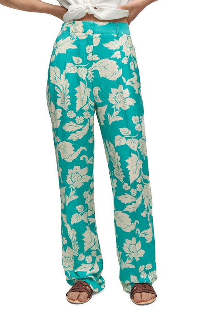 MANGO Print High Waist Straight Leg Pants in Turquoise at Nordstrom, Size 4