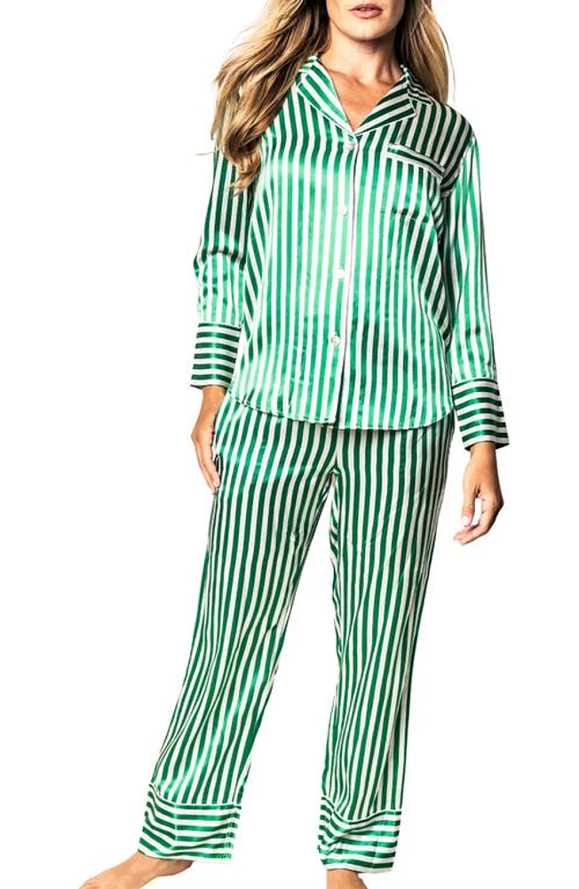 Petite Plume Stripe Silk Pajamas Green at Nordstrom,