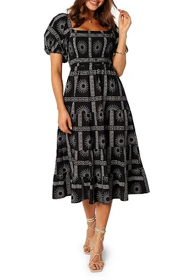 Petal & Pup Soliel Puff Sleeve Midi Dress Black Tan at Nordstrom