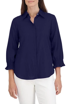 Foxcroft Olivia Hidden Placket Linen Blend Top at Nordstrom,