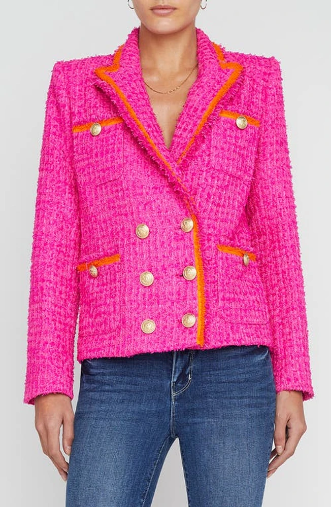 L'AGENCE Alectra Double Breasted Tweed Jacket Rhodamine/Glow Orange at Nordstrom,