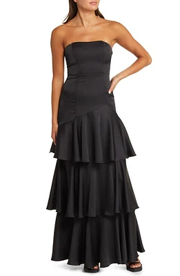 Lulus Blissfully Beautiful Strapless Tiered Satin Gown in Black at Nordstrom, Size Small