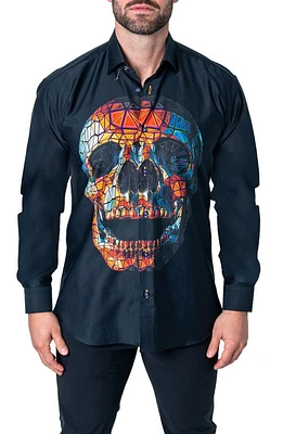 Maceoo Fibonacci Skull Prizm Cotton Button-Up Shirt Black at Nordstrom,