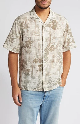 Wax London Palm Floral Print Short Sleeve Cotton Button-Up Shirt Khaki at Nordstrom,