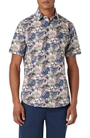 Bugatchi Orson Shaped Fit Frond Print Stretch Cotton Camp Shirt Khaki at Nordstrom,