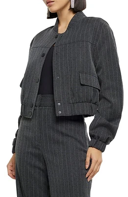 River Island Heat Seal Pinstripe Bomber Jacket Grey at Nordstrom,