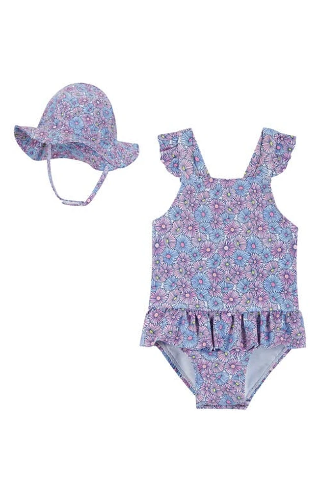 Andy & Evan Bubble Ruffle One-Piece Swimsuit & Hat Set in Purple Floral at Nordstrom, Size 3-6M