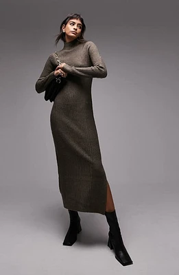 Topshop Long Sleeve Funnel Neck Rib Sweater Dress Charcoal at Nordstrom,