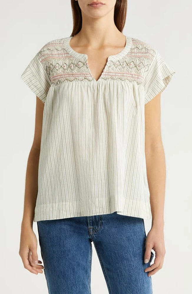 Lucky Brand Stripe Smocked Short Sleeve Cotton Top Green at Nordstrom,