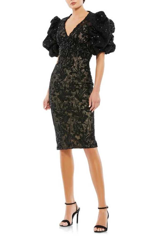 Mac Duggal Beaded Puff Sleeve Sheath Dress Black at Nordstrom,