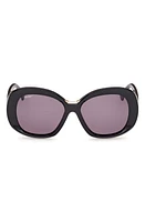 Max Mara Edna 55mm Round Sunglasses in Shiny Black /Smoke at Nordstrom