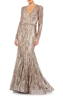 Mac Duggal Plunge Neck Sequin Long Sleeve Mermaid Gown Taupe at Nordstrom,