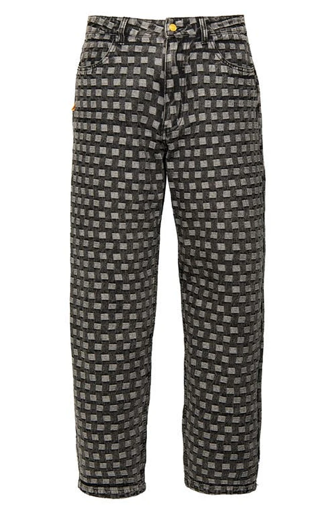 Round Two Check Jacquard Denim Straight Leg Jeans Black at Nordstrom,