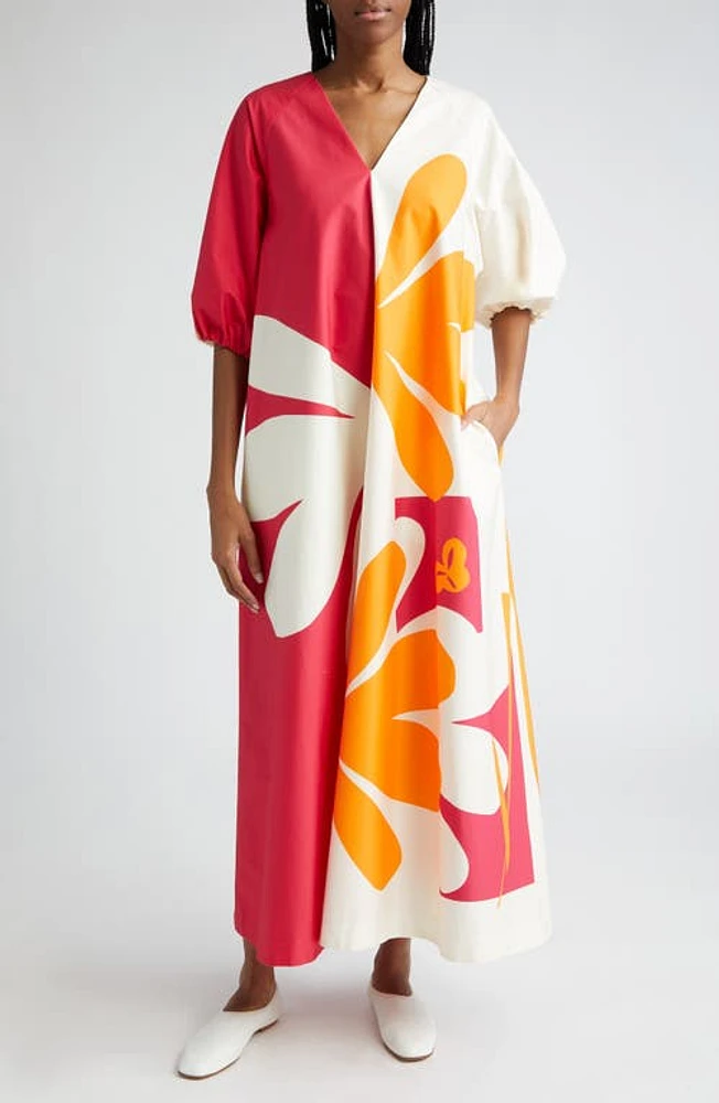 Marimekko Karkelo Kolmikko Floral Colorblock Stretch Cotton Shift Dress Fuchsia/Orange/Off White at Nordstrom,