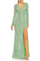 Ieena for Mac Duggal Sequin Long Sleeve Faux Wrap Gown at Nordstrom,