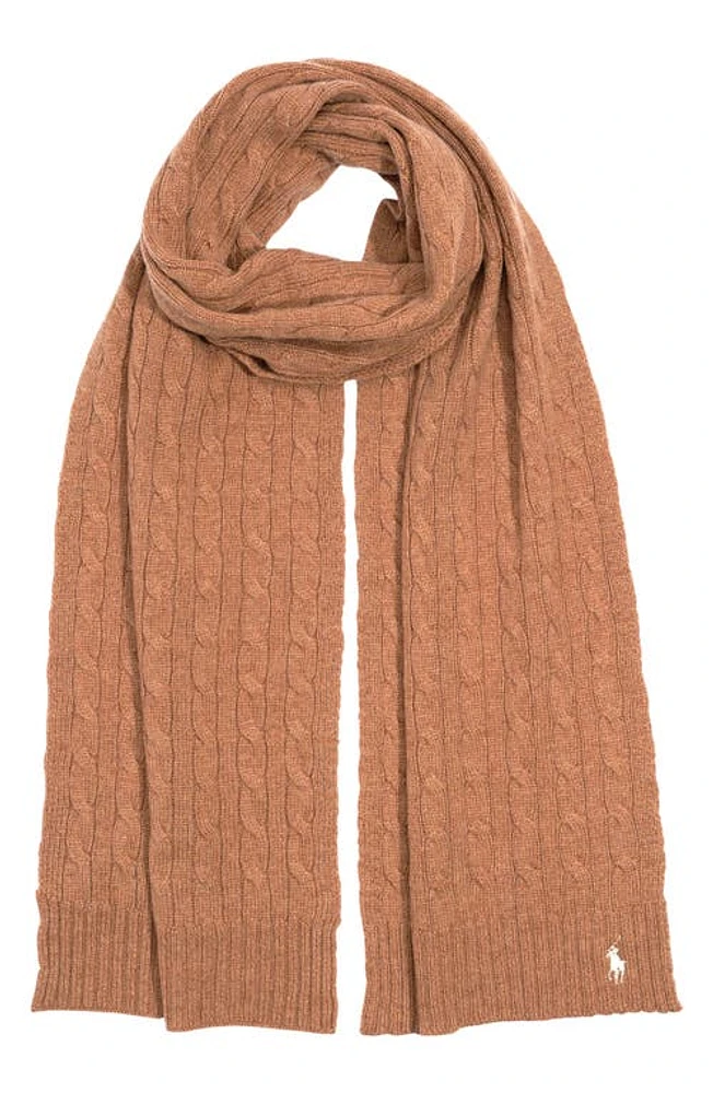 Polo Ralph Lauren Logo Embroidered Wool & Cashmere Cable Stitch Scarf in Camel at Nordstrom