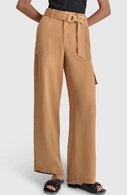 DKNY Contrast Stitch Belted Cargo Wide Leg Pants at Nordstrom,