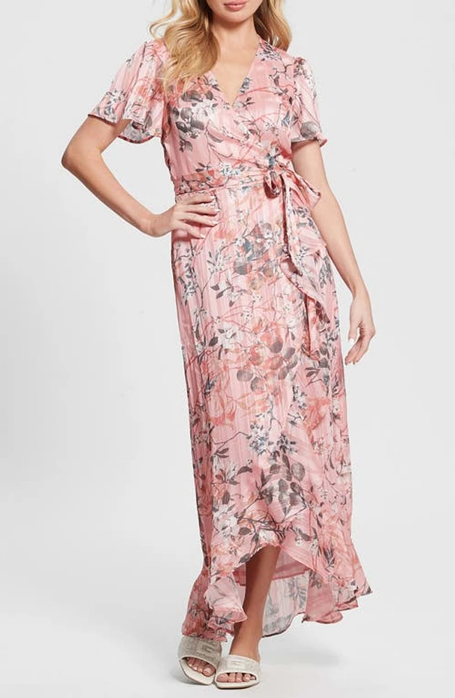 GUESS New Juna Metallic Floral Print Wrap Dress in Pink at Nordstrom, Size Small