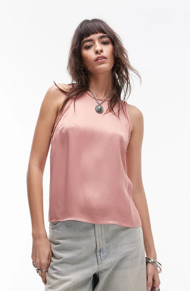 Topshop Raw Edge Racerback Satin Tank Pink at Nordstrom, Us