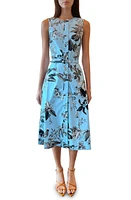 Oscar de la Renta Flora & Fauna Sleeveless Stretch Cotton Poplin Midi Shirtdress in Black/Light Blue at Nordstrom, Size 4