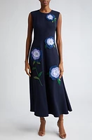 Lela Rose 3D Floral Appliqué Sleeveless Midi Dress in Navy at Nordstrom, Size 2