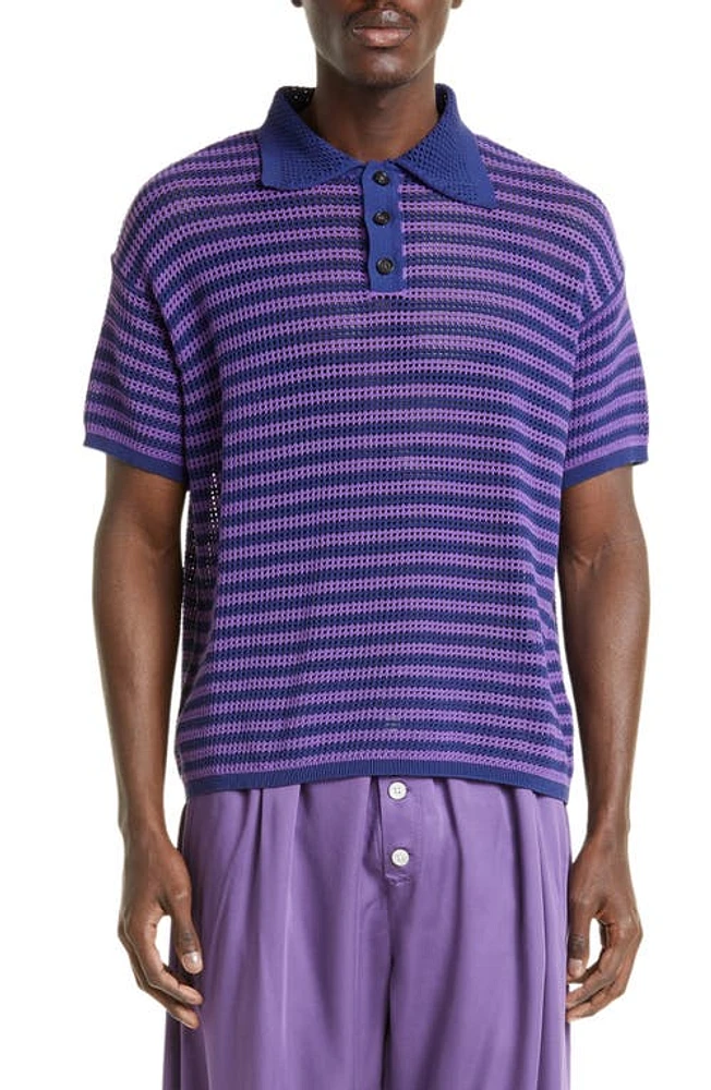 Bode Stripe Lattice Knit Cotton Polo in Lavender at Nordstrom, Size Medium