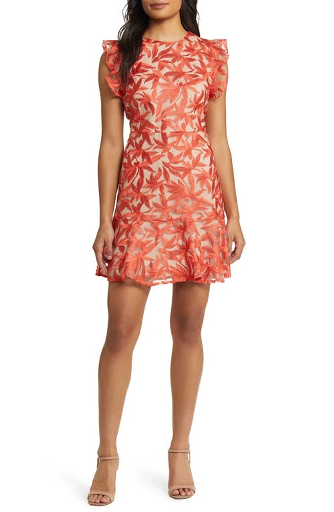 Sam Edelman Leaf Embroidered Ruffle Minidress Coral at Nordstrom,