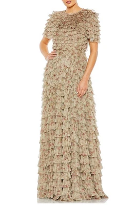 Mac Duggal Floral Ruffle Gown Ecru Multi at Nordstrom,