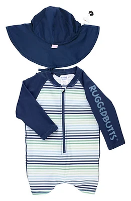 RuggedButts Coastal Stripe One-Piece Rashguard Swimsuit & Hat Set at Nordstrom,