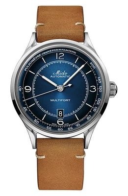 MIDO Multifort Pulsemeter Automatic Leather Strap Watch, 40mm in Brown/Blue/Silver at Nordstrom